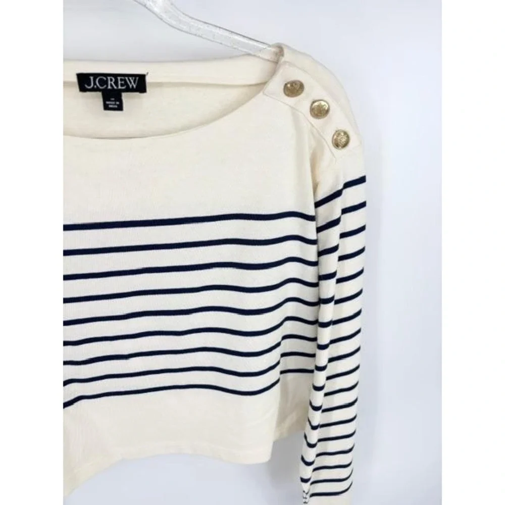 J Crew Cropped Boatneck T-Shirt With Buttons Mariner Cotton Nautical Size Medium